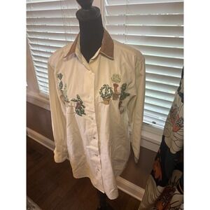Cambridge Dry Goods Ladiesโ Long Sleeve Button Down Embroidered Shirt W/ Leather